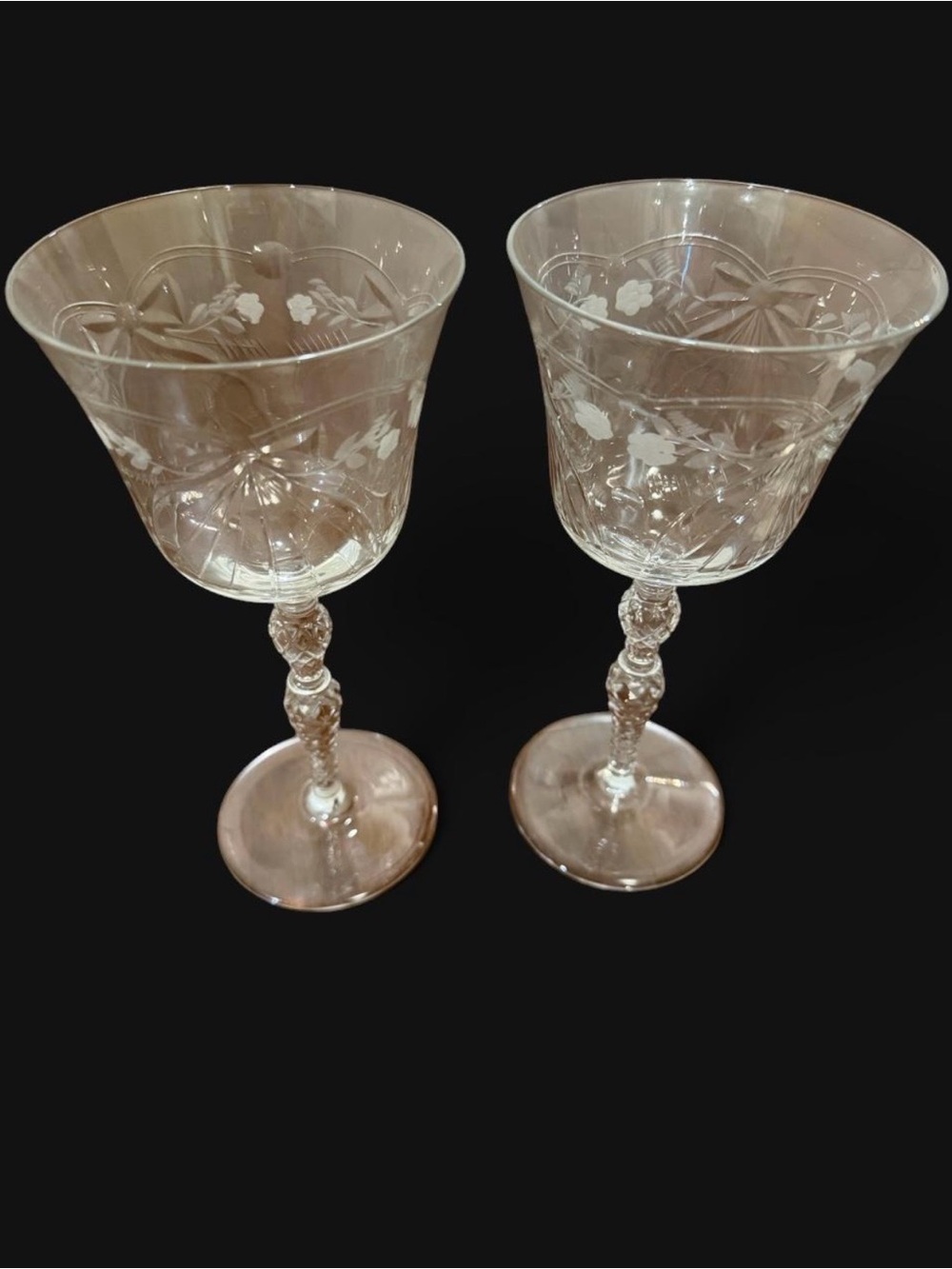 Crystal Etched Wine Goblets - Clear Glass Pair